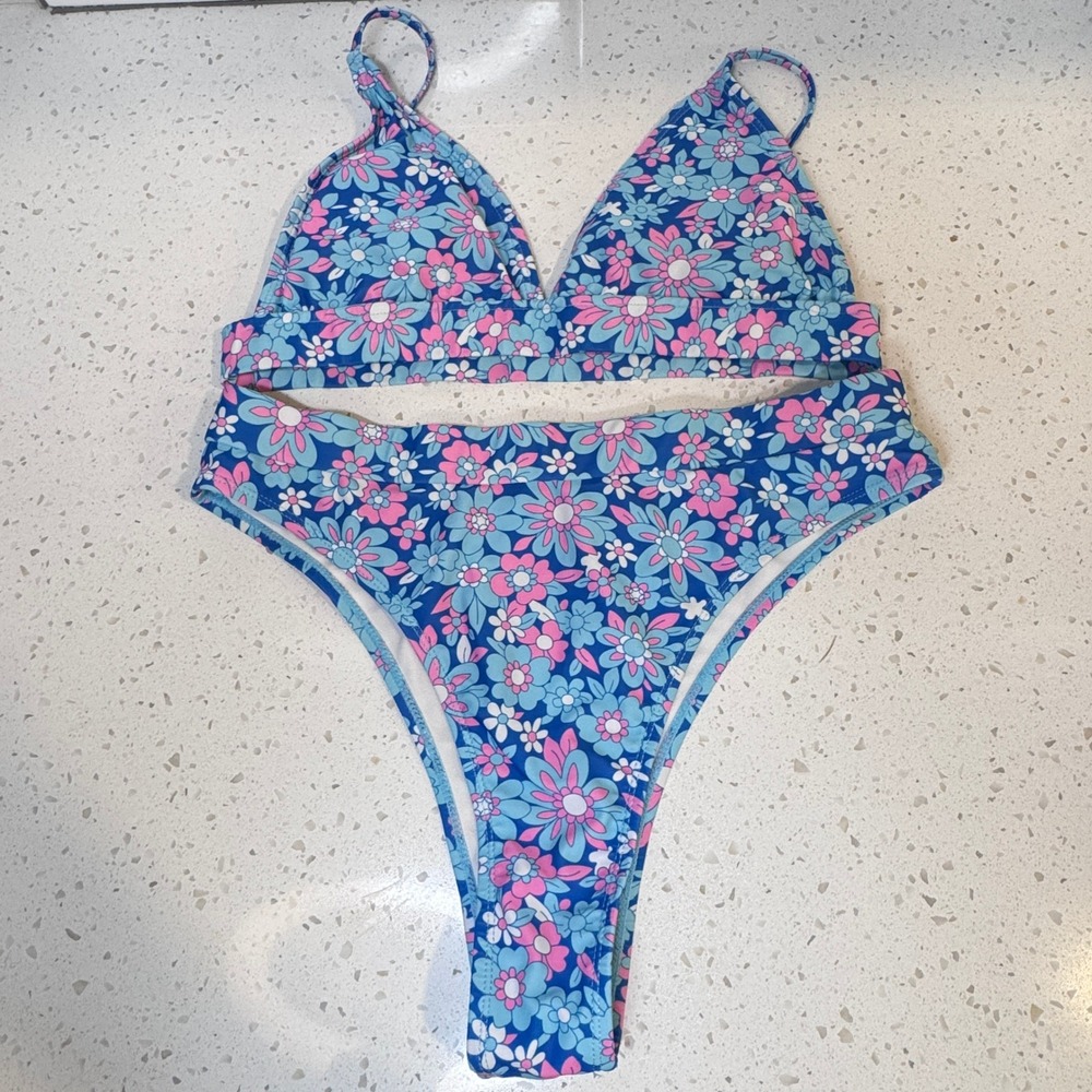 Floral Blue Pink Daisy High Cut Bikini Set Retro High Waist Size Large L
